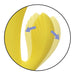 A close-up view of the California Dreaming San Diego Seduction G-Spot Thumping Rabbit Vibrator by CalExotics, showcasing its yellow, shell-shaped design with two segments. Two blue arrows illustrate a folding or opening motion of the segments, indicating dual clitoral stimulation capabilities. The image is enclosed in a circular frame.