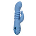 The California Dreaming Santa Cruz Coaster Thrusting G-Spot Rabbit Vibrator by CalExotics is a blue, dual-action toy featuring a curved, ridged shaft and clitoral stimulator. It boasts three buttons at the base with metallic accents, designed for enhanced pleasure. This waterproof vibrator's thrusting motion ensures optimal clitoral stimulation in any setting.