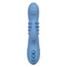 The California Dreaming Santa Cruz Coaster Thrusting G-Spot Rabbit Vibrator by CalExotics is a blue handheld personal massager that features three buttons and a textured design near the head. The device has a smooth surface, an extended structure along the main body, and includes a clitoral arm for added stimulation.