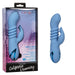 A light blue California Dreaming Santa Cruz Coaster Thrusting G-Spot Rabbit Vibrator, designed for dual stimulation with ridges and a curved tip, is displayed beside its packaging. The box is branded "CalExotics" and "California Dreaming," featuring a roller coaster image. This waterproof product includes clitoral stimulation features.