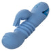 The California Dreaming Santa Cruz Coaster Thrusting G-Spot Rabbit Vibrator by CalExotics is a light blue, ergonomically designed personal vibrator featuring ribbed sections and a curved clitoral arm. It has blue control buttons and a shiny accent near the top, indicating its electronic nature.