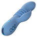 The California Dreaming Santa Cruz Coaster Thrusting G-Spot Rabbit Vibrator by CalExotics is a blue silicone personal massager with a curved, ribbed shaft and a sleek, glossy finish. This waterproof vibrator features three buttons and an ergonomic design tailored for comfort and ease of use, providing both clitoral stimulation and gentle thrusting motion.