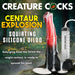 A promotional image for XR Brands' "Centaur Explosion Squirting 9.5 inch Silicone Fantasy Horse Dildo" from their "Creature Cocks" line, featuring a striking red and black design. The centaur dildo is depicted with white liquid simulating an ejaculation and includes a syringe-like device labeled "Creature Cocks" for the squirting function. A suction cup base provides added versatility.