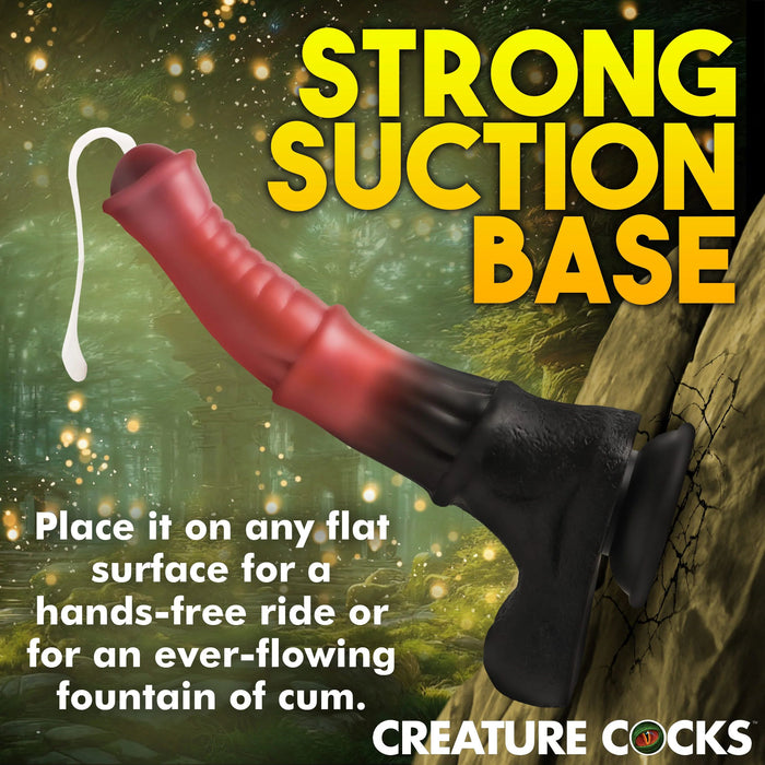 A centaur-themed novelty toy with a strong suction base is attached to a flat surface in a forest-themed setting. Text reads, "STRONG SUCTION BASE - Place it on any flat surface for a hands-free ride or for an ever-flowing fountain of cum." Made from premium silicone, the brand name "XR Brands" is displayed, featuring the product "Centaur Explosion Squirting 9.5 inch Silicone Fantasy Horse Dildo.