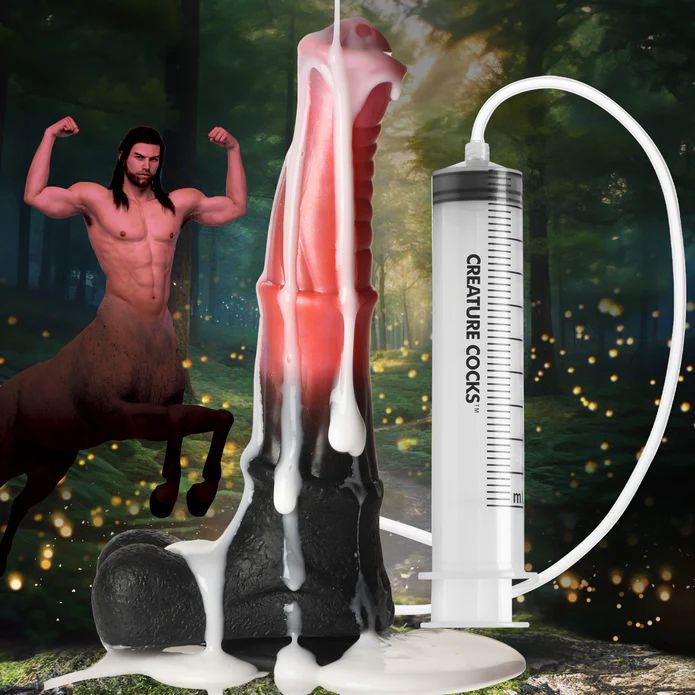 A surreal image showcases a large, colorful Centaur Explosion Squirting 9.5 inch Silicone Fantasy Horse Dildo from XR Brands, accompanied by a syringe labeled "CREATURE COCKS." In the background, a muscular centaur flexes amidst a forest setting with sparkling lights.