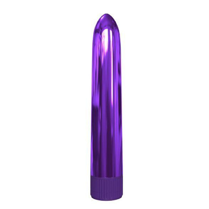 A metallic purple cylindrical object with a rounded top and textured base resembles the Classix Rocket Slimline 7 Inch Vibrator by Pipedream Products. Vertically oriented and resting on its base, it features a smooth, reflective surface and houses a powerful motor for unmatched performance.