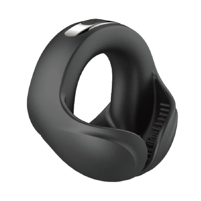 A sleek, black, oval-shaped electronic vibrating cock ring with a looped design and a small digital screen on one side. The lower part of the loop, made of body-safe silicone, appears to have a textured surface. The Nasstoys Cockpower Scrotum Hugger Vibrating Black Cock Ring is seen against a white background.