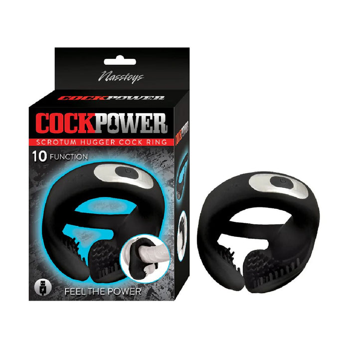 A Nasstoys Cockpower Scrotum Hugger Vibrating Black Cock Ring with textured surfaces is displayed next to its packaging. The box is labeled "Nasstoys Cockpower Scrotum Hugger Vibrating Black Cock Ring" and notes "10 Function" and "Feel The Power." Made from body-safe silicone, the ring features a small control button on its top.