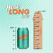 Graphic comparing the height of a "Colours Pride Edition Rainbow Silicone 8.5 Inch Dildo" can to a wooden ruler, showing the can at approximately 4.83 inches tall. The background is turquoise with a dotted pattern and text reading