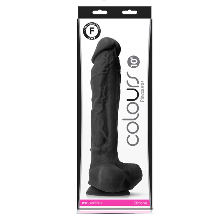 A packaged Colours Realistic 12 Inch Silicone Suction Cup Dildo - Black with an ultra-realistic design is shown in the image. The packaging is clear, with "Colours" written vertically in the center and a pink strip at the bottom showing the brand, "NS Novelties", and material, "Silicone".