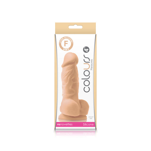 NS Novelties presents the "Colours Realistic 6 Inch Silicone Suction Cup Dildo - Vanilla," a petite, realistic flesh-colored dildo with intricate surface detailing. Perfect for strap-on harness play, this adult toy comes in tan and white packaging with a clear plastic window showcasing the product inside.