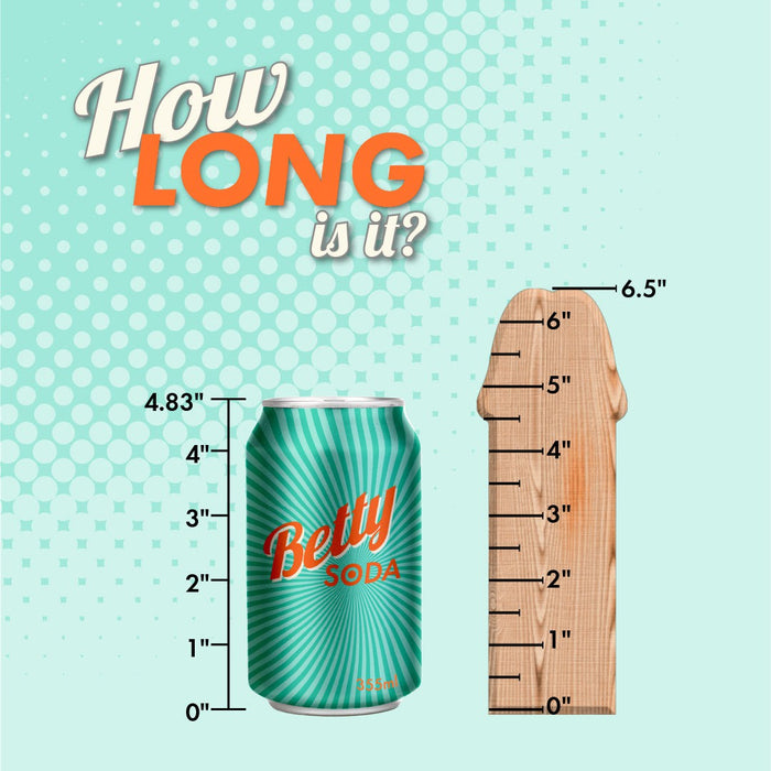 An illustration showing a can of Betty Soda next to a NS Novelties Colours Realistic Vibrating 6.5 Inch Silicone Dildo - Pink measuring stick shaped object. The can is 4.83 inches tall, while the wooden object is 6.5 inches tall. The text at the top reads, "How long is it?" with "LONG" emphasized in orange.