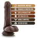 A realistic Coverboy Top Gun Tommy 6 Inch Dildo in chocolate, by Blush, is shown next to a series of checkmarks outlining its features: "Lab Certified - Body Safe," "Fragrance & Paraffins Free," "Latex & Phthalate Free," "Soft Realistic Feel with Skin Texture," "Harness Compatible," and "Suction Cup Base."
