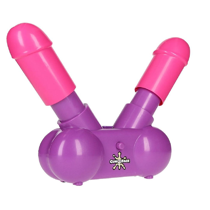 An inflatable purple balloon twisted in the shape of a crossed pair of swords, designed for an engaging Cum Face Duel Pump Action Penis Game, against a white background by Shots.