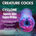 Advertisement for a product called "Cyclone Squishy Alien Vagina Role Play Stroker" under the brand name "XR Brands". The stroker features a colorful, extraterrestrial design with a textured inner tunnel. Product highlights include an intense suction feature and premium silicone material.