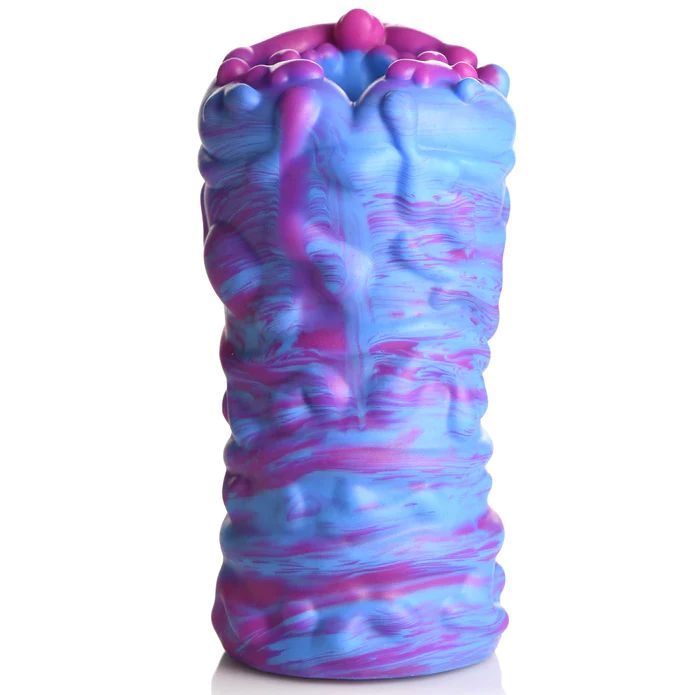 Introducing the Cyclone Squishy Alien Vagina Role Play Stroker by XR Brands. This premium silicone device boasts a cylindrical twist design with textured ridges and a stunning marbled blue and purple color pattern. The top edge features rounded protrusions, while the inside offers a textured tunnel. The entire piece is finished with a glossy sheen for an enhanced experience.