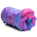 The Cyclone Squishy Alien Vagina Role Play Stroker by XR Brands is a colorful premium silicone toy showcasing a complex texture with swirling patterns of pink, purple, and blue. The tubular shape features varied surface textures, including grooves and ridges. The opening reveals a textured inner tunnel with intricate detailing for an extraordinary experience.