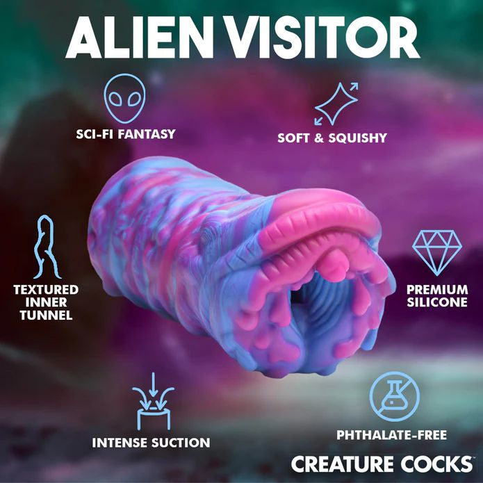 A promotional image for the Cyclone Squishy Alien Vagina Role Play Stroker by XR Brands. The toy boasts a textured inner tunnel, intense suction, is soft and squishy, made of premium silicone, and is phthalate-free. The background features a cosmic, sci-fi theme.