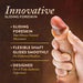 A hand holding a *DaVinci Ultra Realistic 8 Inch Silicone Dildo with Sliding Foreskin - Caramel* by Blush, accompanied by the text: "Innovative Sliding Foreskin - Moves Naturally for an Authentic Experience, Flexible Shaft for Enhanced Realism." The background is smooth and brown.