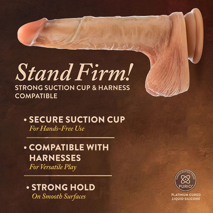 Promotional image of the DaVinci Ultra Realistic 8 Inch Silicone Dildo with Sliding Foreskin in Caramel by Blush featuring text: "Stand Firm! Strong suction cup base & harness compatible. Secure suction cup for hands-free use. Compatible with harnesses for versatile play. Strong hold on smooth surfaces.