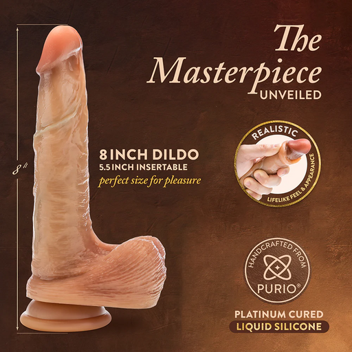 An image of an 8-inch realistic dildo product called "DaVinci Ultra Realistic 8 Inch Silicone Dildo with Sliding Foreskin - Caramel" by Blush. Crafted from premium silicone, this lifelike dildo features a 5.5-inch insertable length and a realistic feel. Text on the image highlights its handcrafted design, complete with a suction cup base for versatile use.