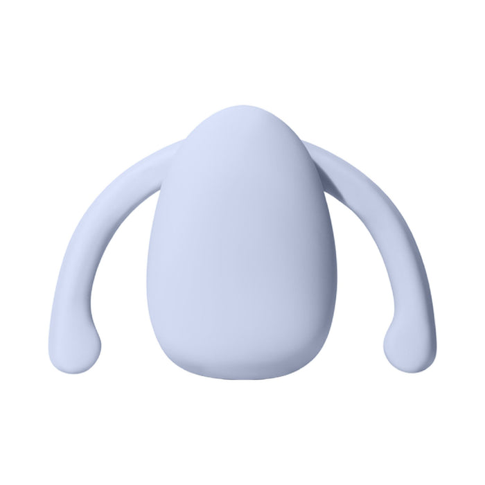 A simple, stylized, minimalist representation of the Dame Eva Hands-Free Silicone Clitoral Vibrator - Ice Blue by Dame Products. The light blue humanoid figure has a rounded body with curved, elongated arms, reminiscent of the vibrator’s design. The figure has no visible facial features or legs and stands against a plain white background.