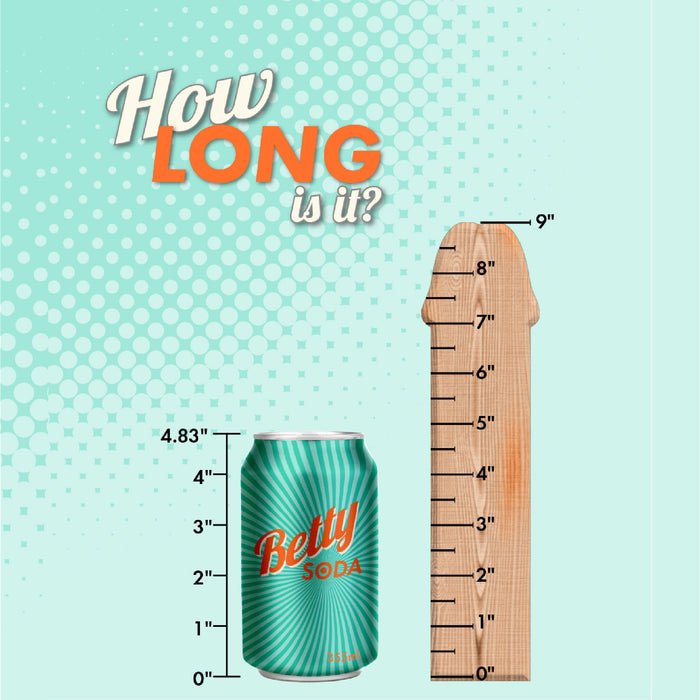 A visual comparison shows a soda can labeled "Betty Soda," measuring 4.83 inches, next to a wooden ruler with a rounded top, marked from 0 to 9 inches. Text above reads "How LONG is it?" on a turquoise dotted background, perfectly setting the stage for the new XR Brands Demon Claw Fisting Silicone Dildo with strong suction-cup base.