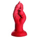 A red, dragon-like hand sculpture with detailed textures and pointed claws is positioned upright as if in a gesture. Crafted by XR Brands from high-quality silicone, the Demon Claw Fisting Silicone Dildo features a wide, rounded suction-cup base for added stability.