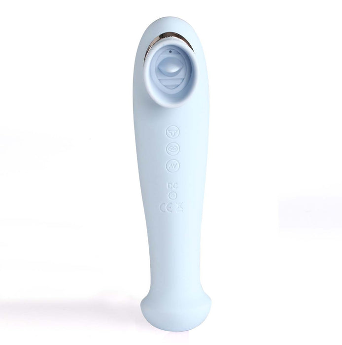 The Destiny Blue Clitoral Suction Vibrator with Tongue by Maia Toys is a light blue, ergonomically designed toy featuring a circular opening at the top and vertically aligned control buttons on the body. This sleek silicone device also includes a smooth, curved handle.