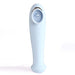 The Destiny Blue Clitoral Suction Vibrator with Tongue by Maia Toys is a light blue, ergonomically designed toy featuring a circular opening at the top and vertically aligned control buttons on the body. This sleek silicone device also includes a smooth, curved handle.