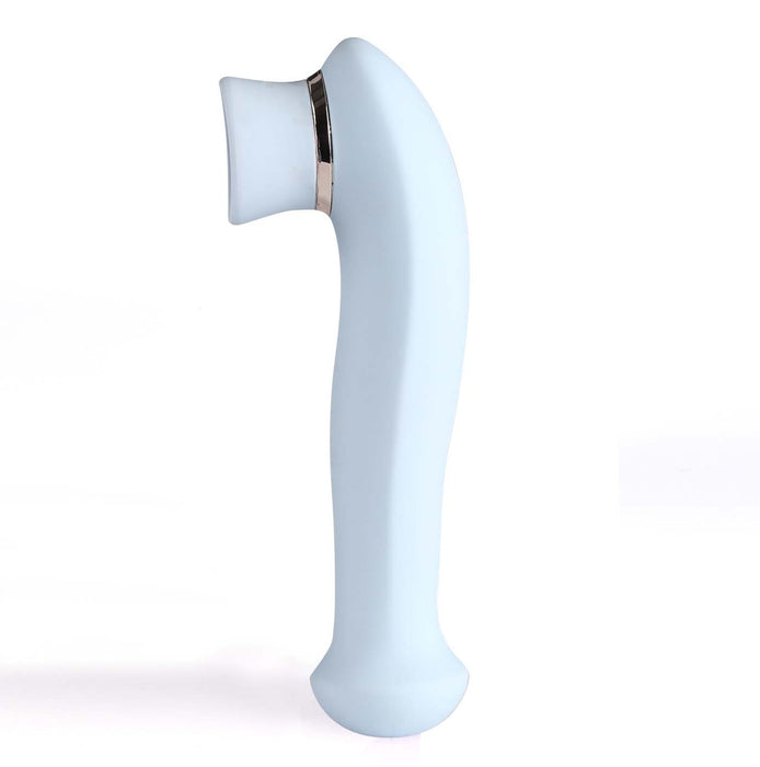 The image showcases the Destiny Blue Clitoral Suction Vibrator with Tongue by Maia Toys, featuring a light blue, curved ergonomic design. It has a white suction cup tip and a metallic ring near the top. The silicone handle is smooth, slightly wider at the base, and set against a plain white background.