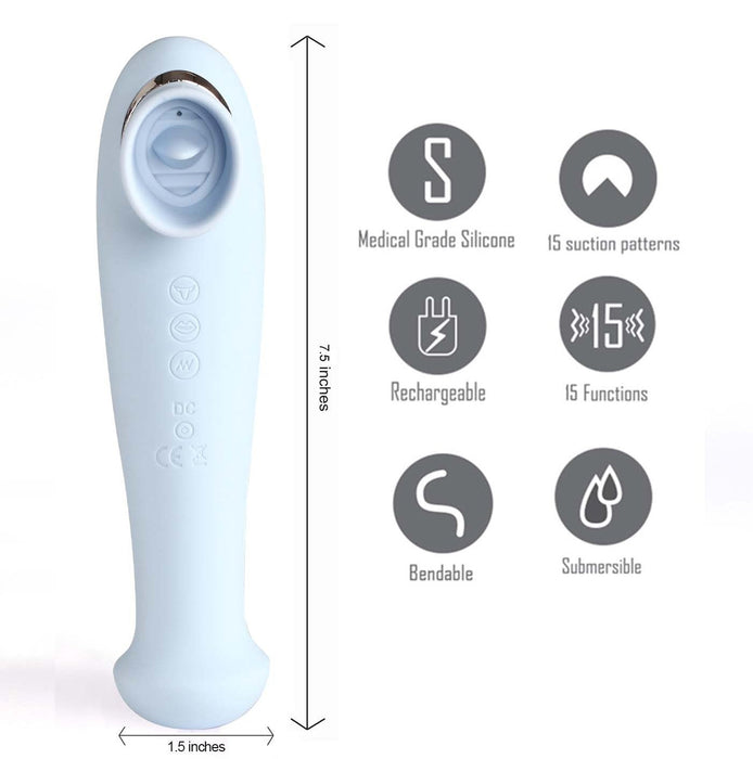 An image of the Destiny Blue Clitoral Suction Vibrator with Tongue by Maia Toys alongside various features. The massager, made from medical-grade silicone, is 7.5 inches long and 1.5 inches wide. Features listed: 15 suction patterns, rechargeable, 15 functions, bendable, submersible.