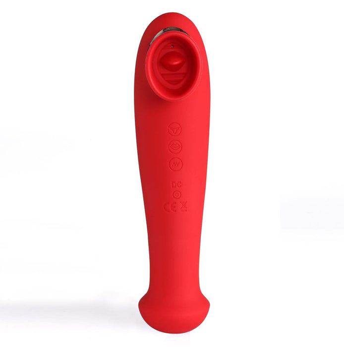 The Destiny Red Clitoral Suction Vibrator with Tongue by Maia Toys is a red, handheld electronic device with a rounded, ergonomic design. It features a circular opening at the top for its clitoral suction toy function and several control buttons along the body. The device has certification markings near the base and is pictured against a white background.