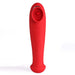 The Destiny Red Clitoral Suction Vibrator with Tongue by Maia Toys is a red, handheld electronic device with a rounded, ergonomic design. It features a circular opening at the top for its clitoral suction toy function and several control buttons along the body. The device has certification markings near the base and is pictured against a white background.