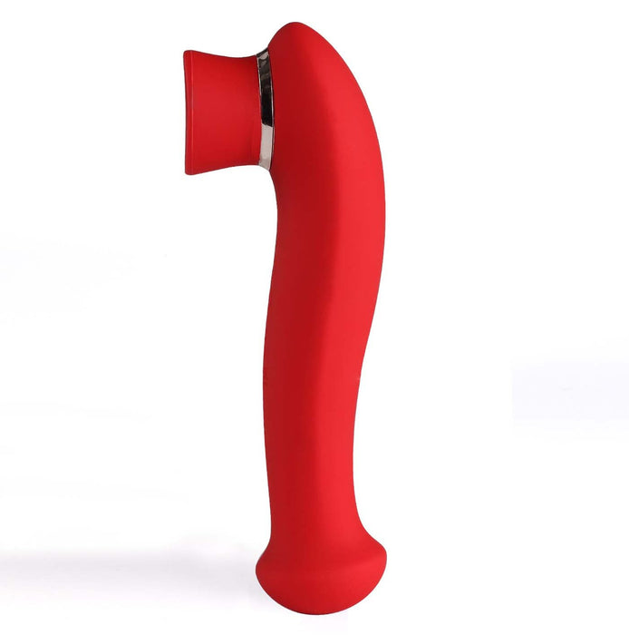 Introducing the Destiny Red Clitoral Suction Vibrator with Tongue by Maia Toys: an ergonomically crafted personal massager in a striking red hue, featuring a curved design and a flared tip. The device offers a silky-smooth surface, an integrated vibrating tongue function, and is elegantly accented with a shiny silver ring near the top. Photographed against a plain white background, the vibrator's sleek and modern aesthetics are prominently highlighted.