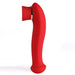 Introducing the Destiny Red Clitoral Suction Vibrator with Tongue by Maia Toys: an ergonomically crafted personal massager in a striking red hue, featuring a curved design and a flared tip. The device offers a silky-smooth surface, an integrated vibrating tongue function, and is elegantly accented with a shiny silver ring near the top. Photographed against a plain white background, the vibrator's sleek and modern aesthetics are prominently highlighted.