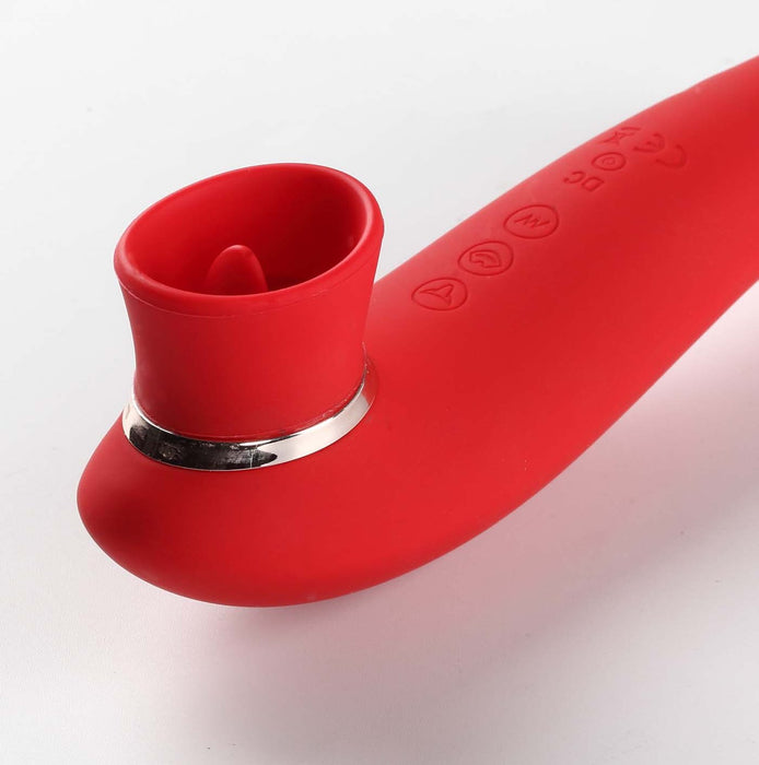 The Destiny Red Clitoral Suction Vibrator with Tongue by Maia Toys is a red silicone vibrator featuring a curved shaft and a suction cup at one end. The device is equipped with several control buttons along the side for multiple settings. This waterproof clitoral sucking toy includes a silver ring detail near its base, all set against a plain white background.