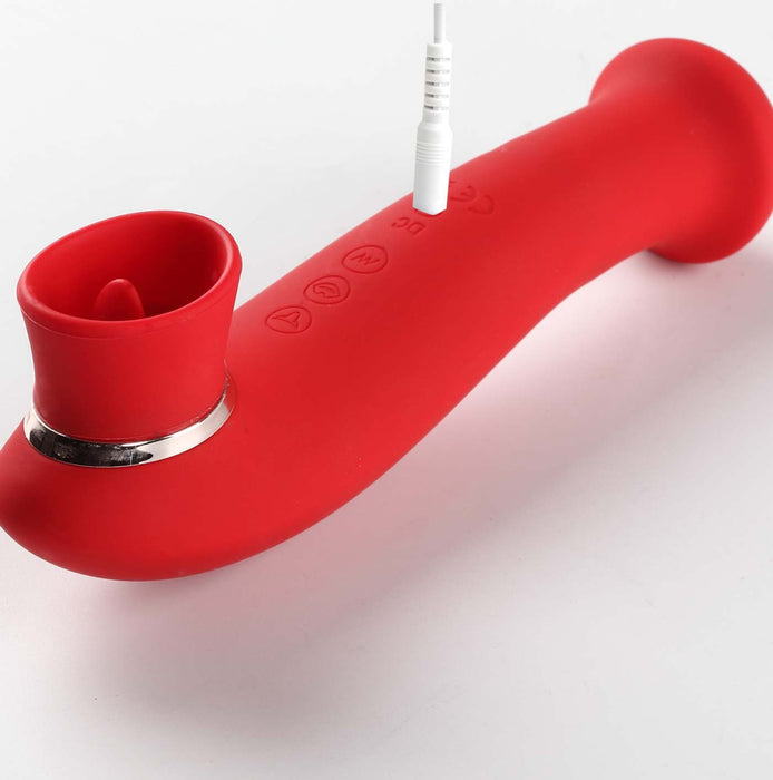 The Destiny Red Clitoral Suction Vibrator with Tongue by Maia Toys is a curved, electronic personal massager that comes with a charging cable. This smooth-textured, waterproof device features several control buttons along its side and has a metallic ring near the charging port.