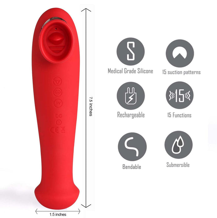 An image of the Destiny Red Clitoral Suction Vibrator with Tongue by Maia Toys is displayed vertically, featuring control buttons. The dimensions are 7.5 inches in height and 1.5 inches in width. Icons on the right highlight its features: medical-grade silicone, rechargeable, waterproof, 15 suction patterns, 15 functions, bendable design, and a vibrating tongue.