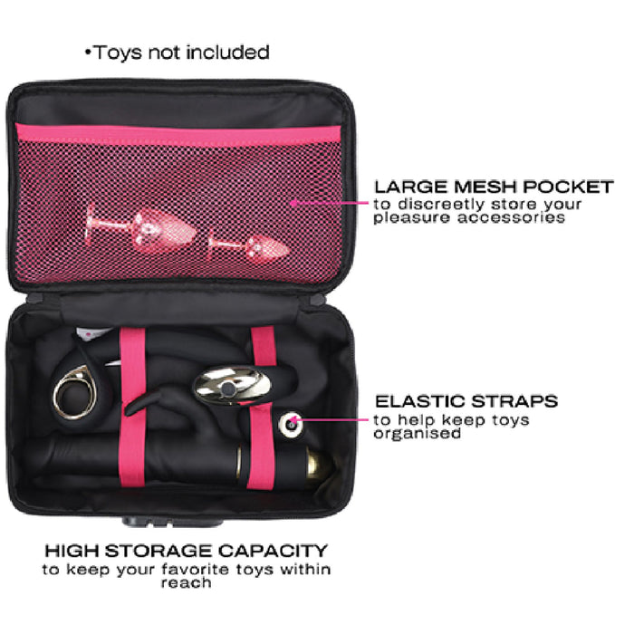 The Dorcel Lockable Discreet Black Storage Box by Lovely Planet is open, revealing a large mesh pocket in the lid and elastic straps in the main compartment. This stylish box features a discreet mesh pocket for storage, organizational elastic straps, and high storage capacity. A customizable padlock is available. (Toys not included).