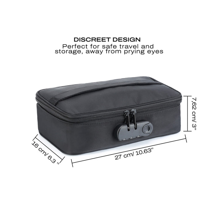 The Dorcel Lockable Discreet Black Storage Box by Lovely Planet is a black rectangular travel case designed with a combination lock on the front. It measures 27 cm (10.63 inches) in length, 16 cm (6.3 inches) in width, and 7.62 cm (3 inches) in height. The text above reads, "DISCREET DESIGN: Perfect for sex toys storage and safe travel, away from prying eyes.