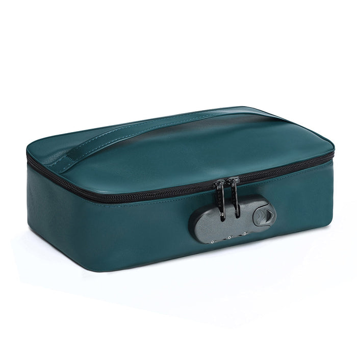 The Dorcel Lockable Discreet Emerald Green Storage Box by Lovely Planet features a combination lock on the front and a convenient carry handle on the top. Made from durable, water-resistant material, it is perfect for securely storing valuables or personal items, making it an ideal discreet travel companion.