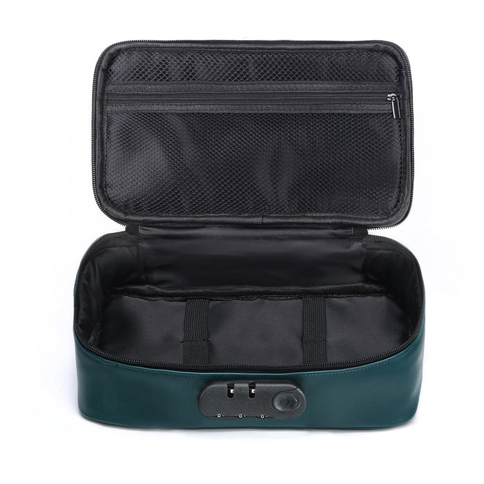 The Dorcel Lockable Discreet Emerald Green Storage Box by Lovely Planet is an open, rectangular travel bag with a black interior. It features a zippered mesh pocket in the lid and straps in the base for securing items. Additionally, it has a combination lock with dials and a latch on the front near the base—perfect for anyone needing a discreet storage solution for their travels.