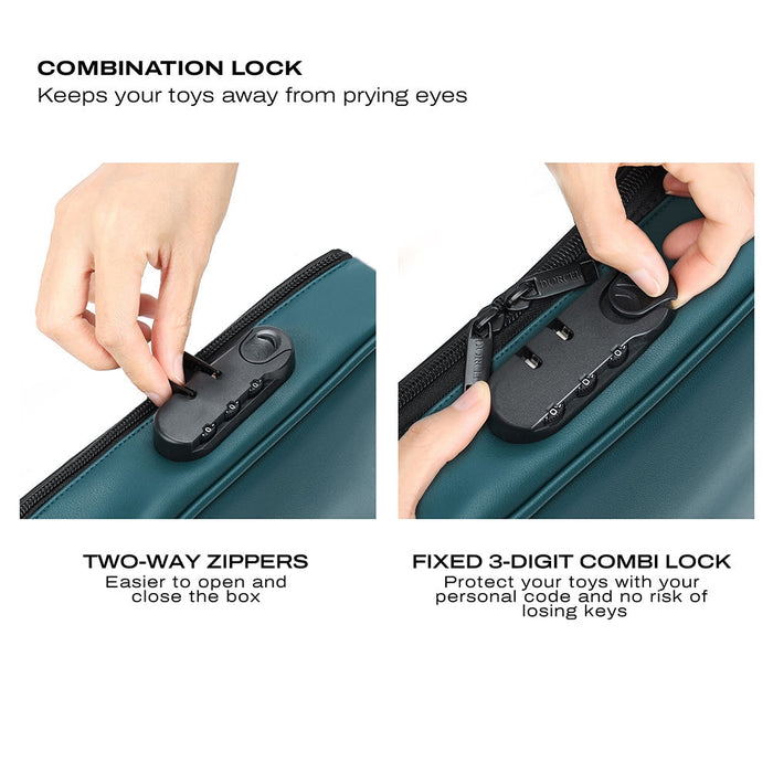 Two photos show the Dorcel Lockable Discreet Emerald Green Storage Box by Lovely Planet. The left image features a hand holding the box’s two-way zippers near a combination lock. The right image displays a hand adjusting a fixed 3-digit combination lock. Text emphasizes the security features and ease of use, making it ideal for discreet storage of sex toys or any valuables.