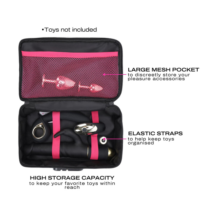 An open Dorcel Lockable Discreet Gold Storage Box by Lovely Planet is displayed, featuring arranged compartments and elastic straps that securely hold various adult toys, accentuated with black and pink details. Inside the lid, a large mesh pocket is visible. Labels highlight the storage and organizational features of this discreet box, which is compatible with a customizable padlock for added security. Please note that toys are not included.