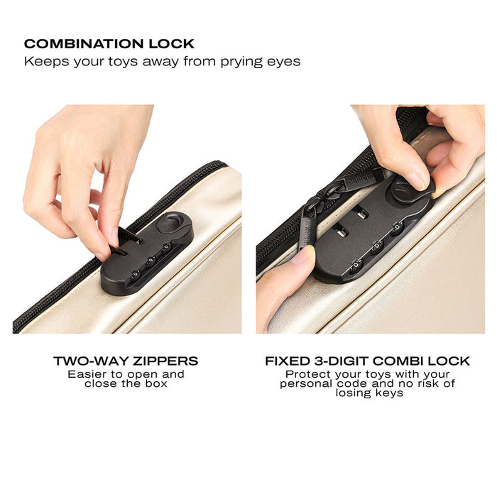 The image showcases the Dorcel Lockable Discreet Gold Storage Box by Lovely Planet, featuring two close-up views of its security features. On the left, a hand grasps a zipper near the fixed 3-digit combination lock. On the right, another hand illustrates how to set the combination lock on the beige-colored case. The text reads: "Two-Way Zippers," "Fixed 3-Digit Combi Lock," and "Customizable Padlock.