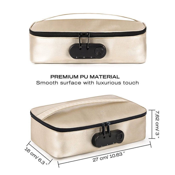 Introducing the Dorcel Lockable Discreet Gold Storage Box by Lovely Planet: This rectangular, gold-colored PU storage bag features a black zipper and a built-in customizable padlock. With dimensions of 27 cm (10.63 inches) in length, 16 cm (6.3 inches) in width, and 7.62 cm (3 inches) in height, it boasts premium PU material with a smooth surface for a luxurious touch.