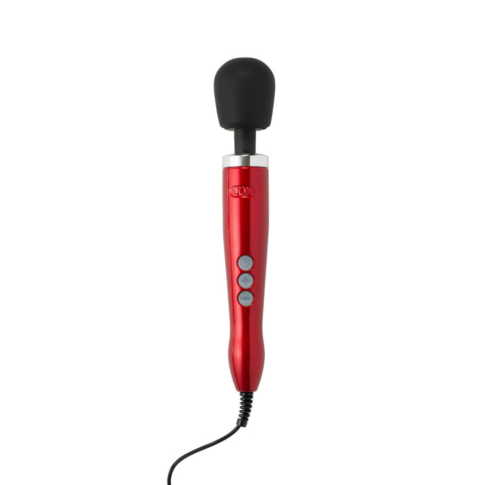 Introducing the Doxy Die Cast Extra Powerful Wand Vibrator - Red: a luxurious handheld massager with a black rounded head and three grey buttons on its handle. This Doxy-branded device delivers deep rumbly vibrations and features a cord extending from the bottom, with "Doxy" proudly displayed on the upper part of the handle.