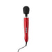 Introducing the Doxy Die Cast Extra Powerful Wand Vibrator - Red: a luxurious handheld massager with a black rounded head and three grey buttons on its handle. This Doxy-branded device delivers deep rumbly vibrations and features a cord extending from the bottom, with "Doxy" proudly displayed on the upper part of the handle.