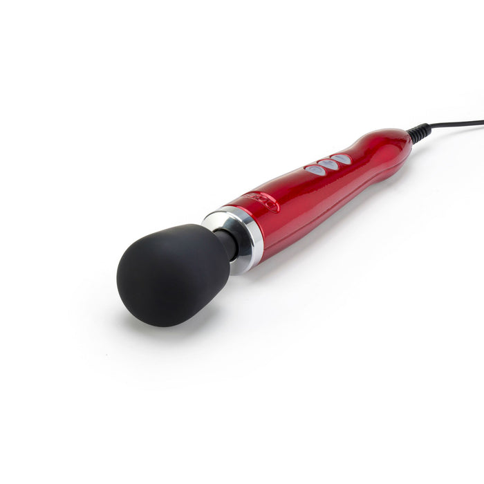 The Doxy Die Cast Extra Powerful Wand Vibrator - Red, a luxurious offering from the renowned brand Doxy, boasts a red handheld massager with a black rounded head and three control buttons on its handle, connected to a power cord. Designed with a sleek polish, it delivers deep rumbly vibrations and is displayed against a white background.